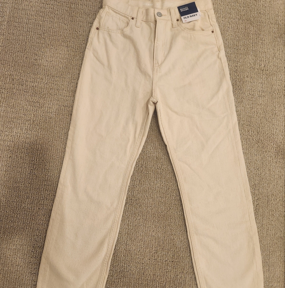 Old Navy Cream High Rise Slouchy Straight Jeans W/ Frayed Hem.  Girls